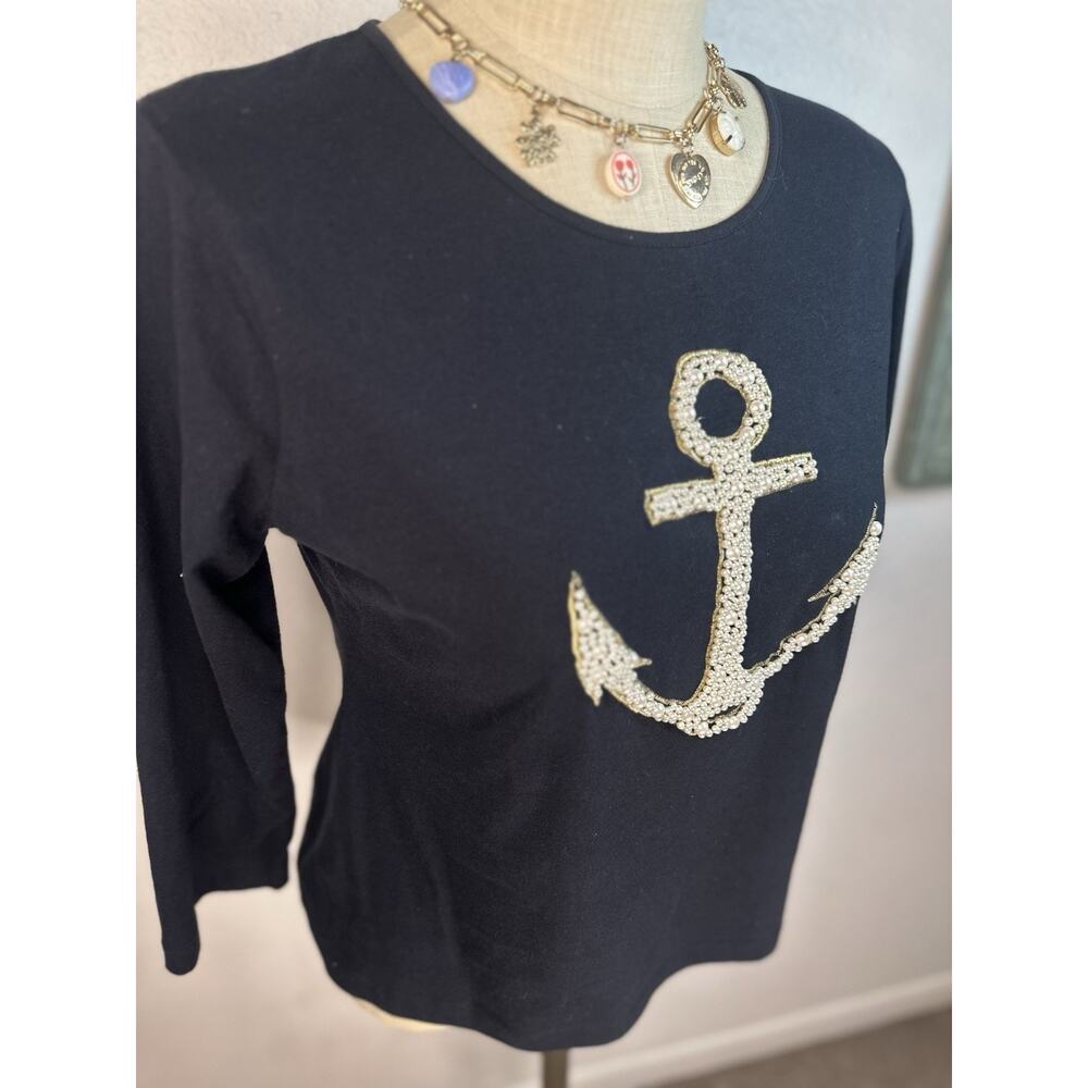 Cha Cha Vente Size Large Pearl Embellished Nautical Anchor Design Black Top - Picture 2 of 7